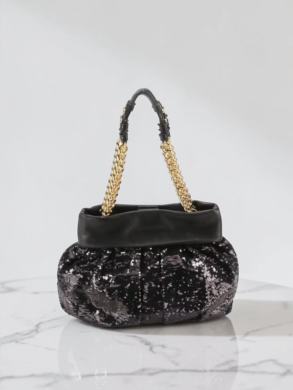 Badgley Mischka Black Sequin Evening Bag Gold Chain Leather Shoulder Purse NYE